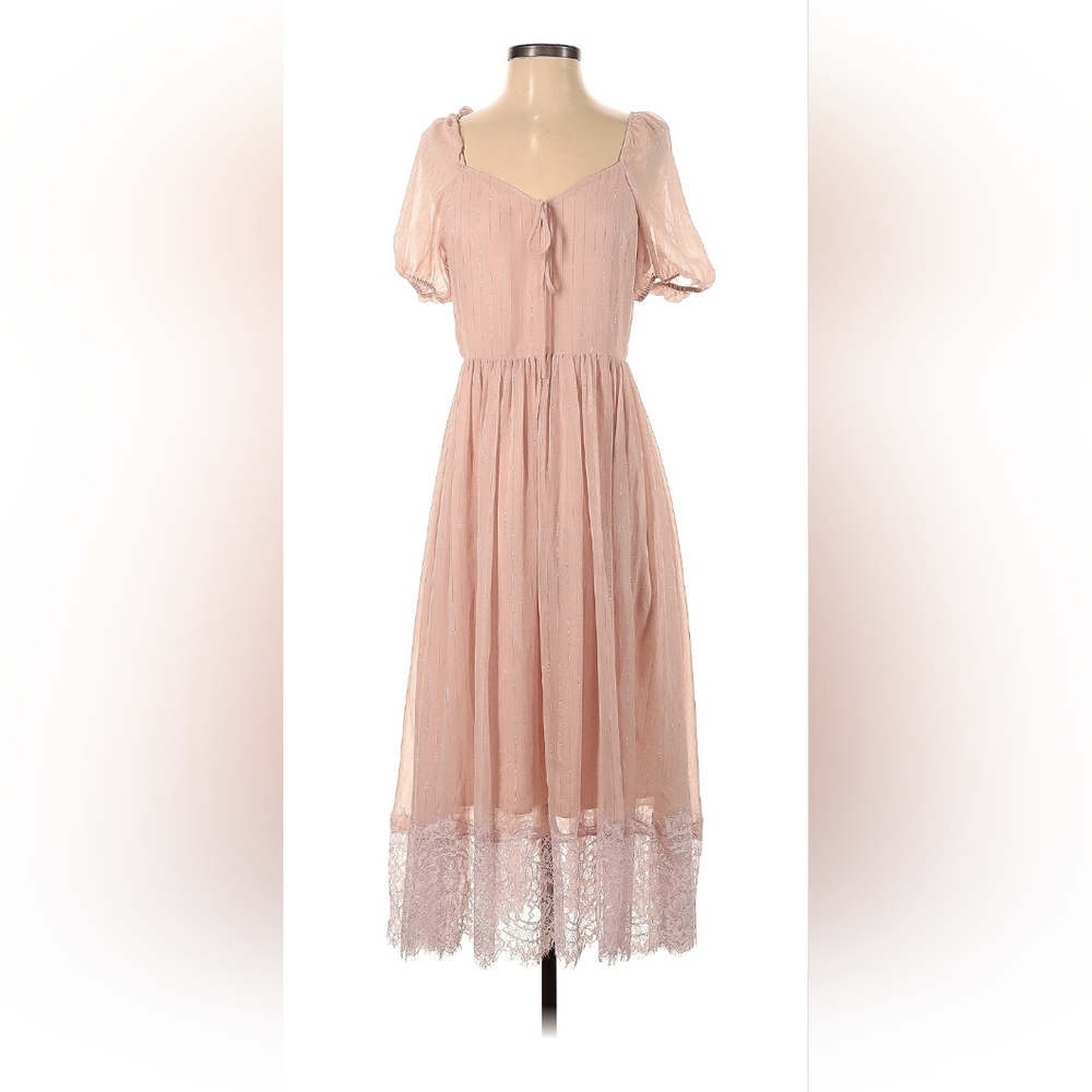 Chelsea28 Pink Midi Dress - Puff Sleeves - Lace Trim Skirt - Metallic Accents